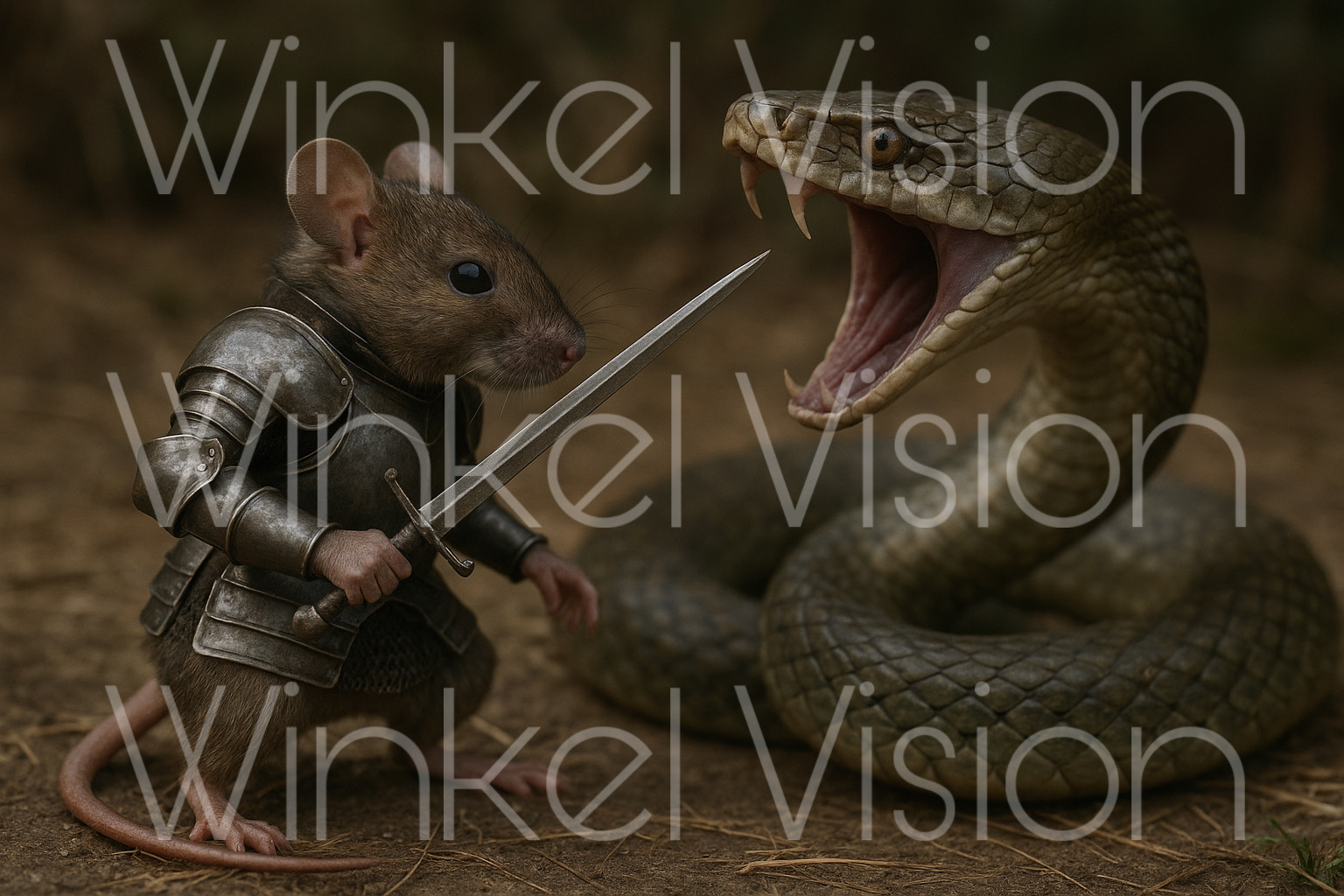 A brave mouse challenges a serpent with sword in hand.