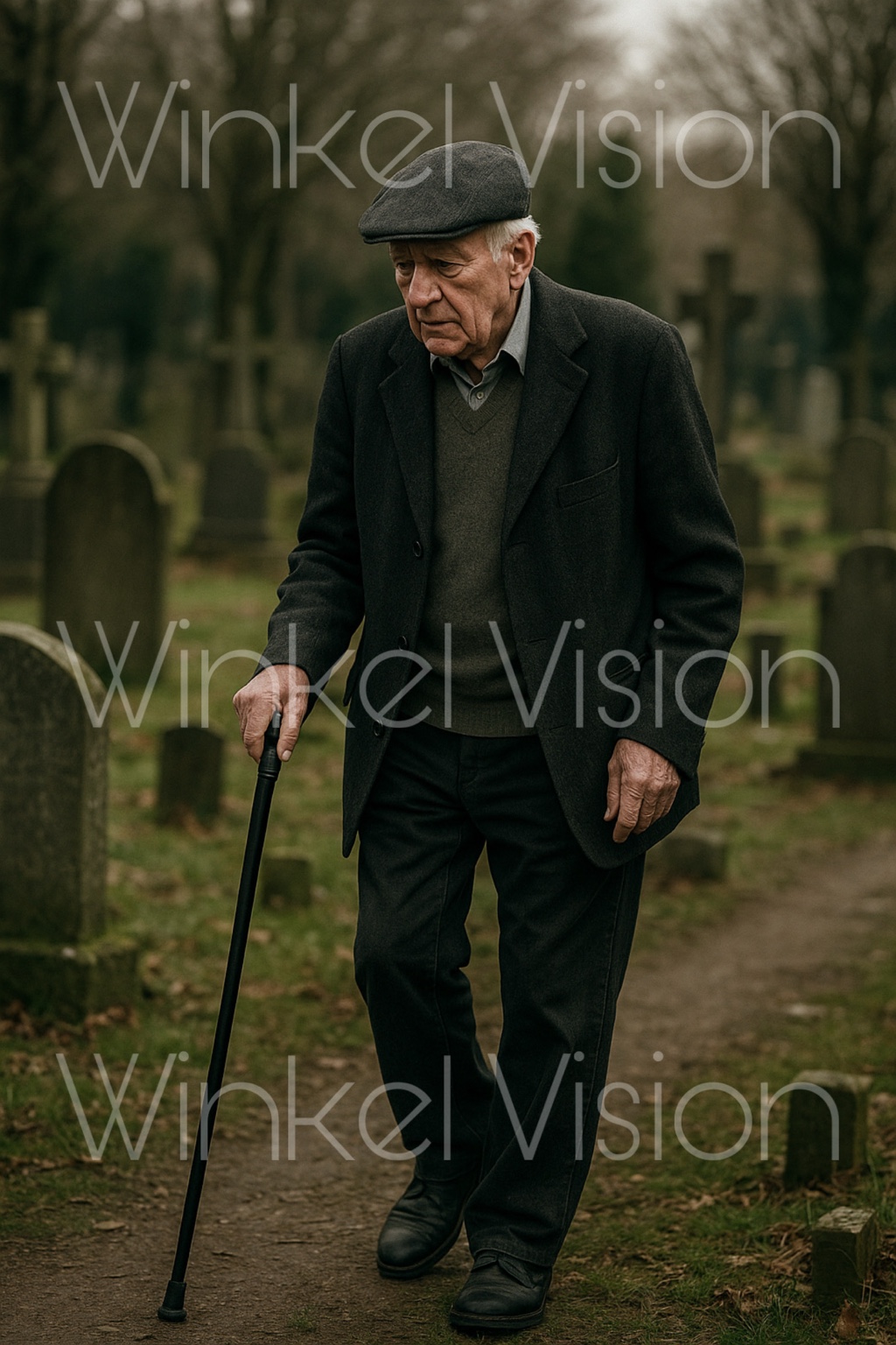 An elderly man walks through a graveyard, deep in thought.