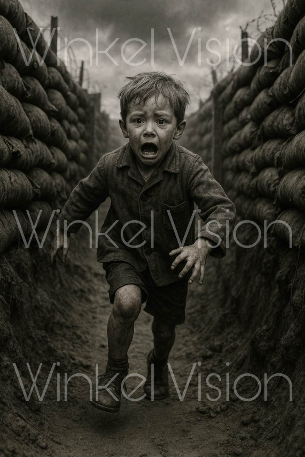 A child runs through a war trench, fear etched on his face.