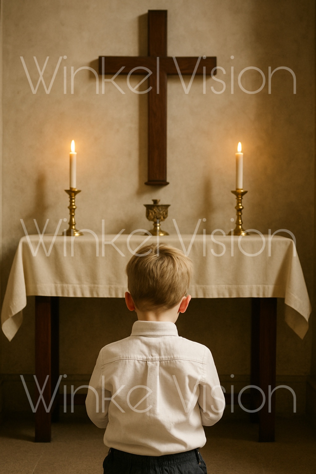 A child kneels in solemn prayer before the altar.